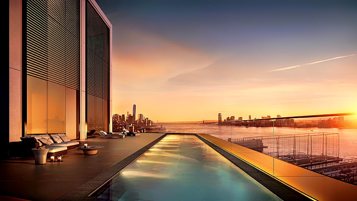 infinity pool photography, New York City, cityscape, USA, landscape, HD wallpaper