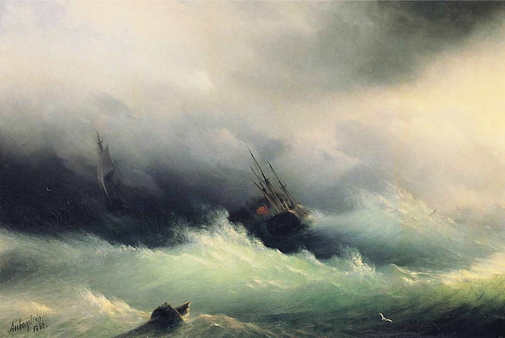 large wave with boat painting, Ivan Aivazovsky, sea, sailing ship