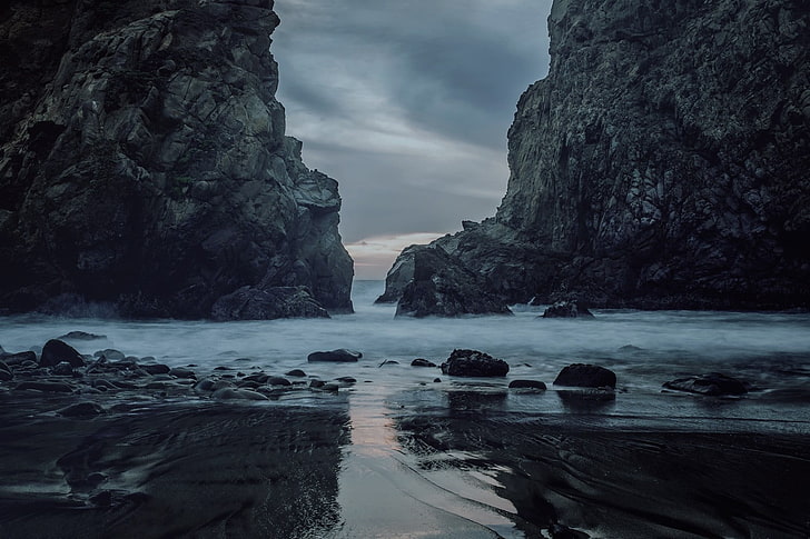 gray rocks, beach, sea, water, solid, rock - object, beauty in nature, HD wallpaper