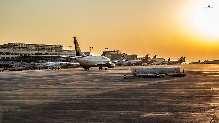 airport, aircraft, sunset, Stuttgart