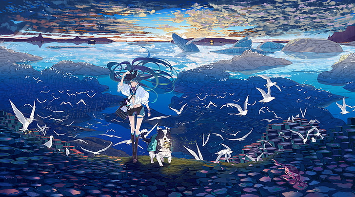 blue-haired woman with dog anime illustration, Hatsune Miku, birds