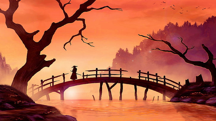 samurai, bridge, painting art, sunset, river, landscape, branch, HD wallpaper