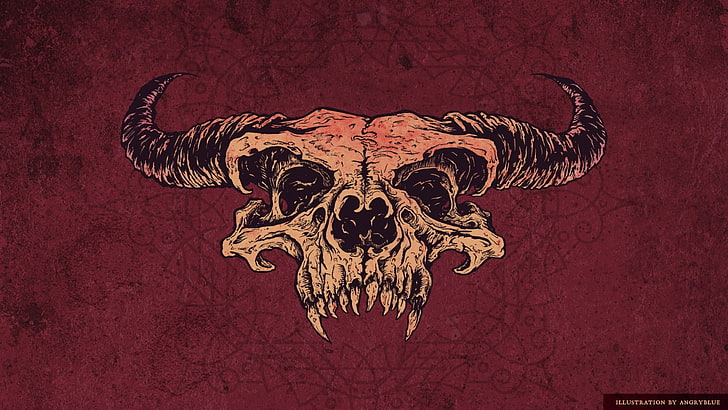 white and black bull skull logo, figure, horns, red background