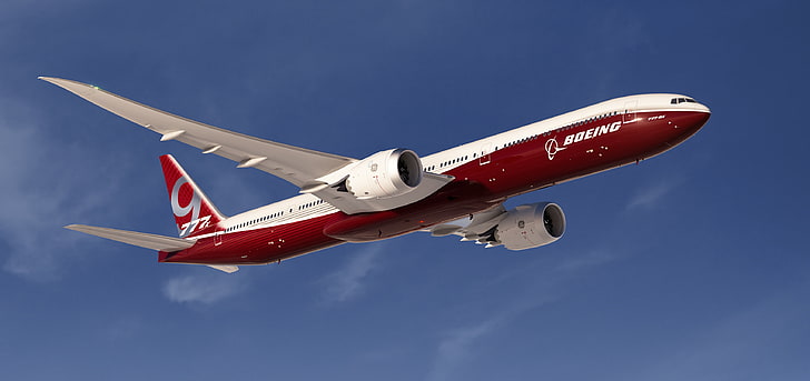red and white airplane wallpaper, boeing, b777, aircraft, sky