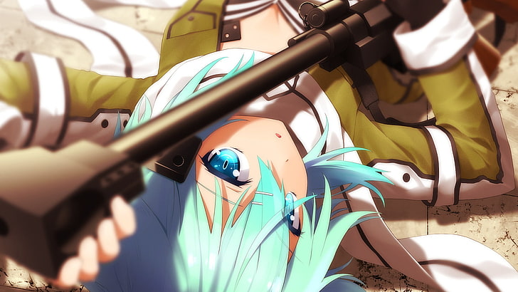 blue haired anime character holding rifle wallpaper, anime girls