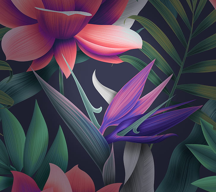 Flowers, Leaves, Purple, Orange, Huawei Mate 10, Stock, HD HD wallpaper