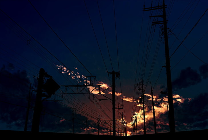 selective-focus photography, sunset, anime, night, railway, clouds