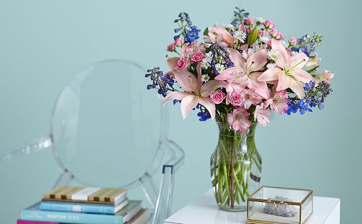 Beautiful Lilies Bouquet in a Vase, pink, white, and blue flower arrangement, HD wallpaper
