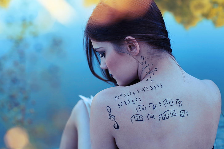 women, tattoo, back, musical notes, rear view, cyan, one person, HD wallpaper