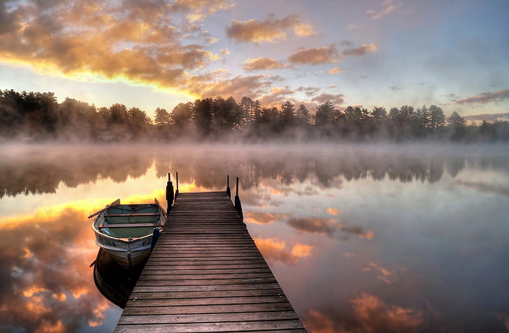 nature, pier, boat, mist, sky, clouds, reflection, calm waters