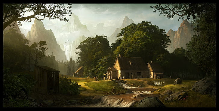 fantasy art, landscape, mountains, river, HD wallpaper