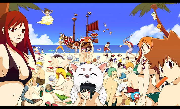 anime wallpaper, Crossover, Allen Walker, Baby Beel, Beach, Cerberus (Cardcaptor Sakura)