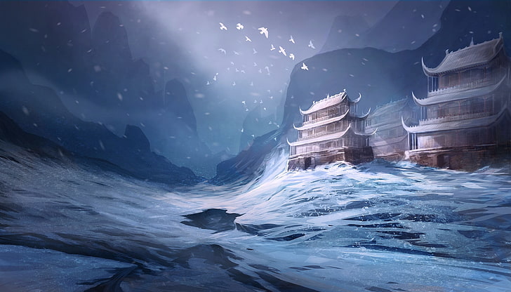 two brown pagodas illustrator, fantasy art, temple, snow, artwork