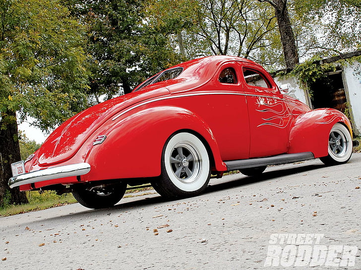 1940, coupe, custom, flamed, ford, hot, hotrod, old, red, school