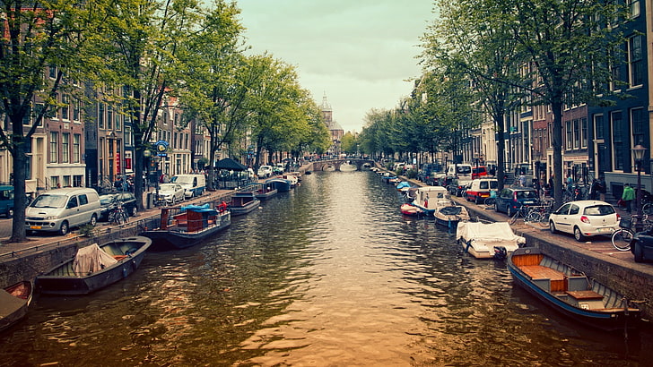 cityscape, canal, Amsterdam, boat, street, street view, nautical vessel, HD wallpaper