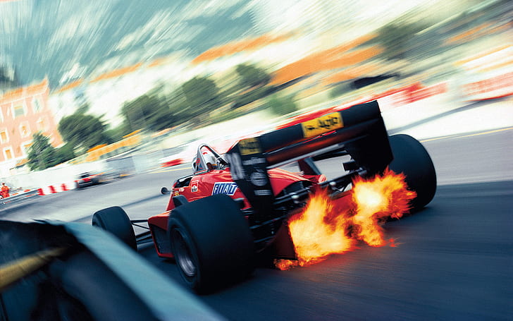 ferrari, vintage, racecar, formula one, monaco, flames, downshift, HD wallpaper