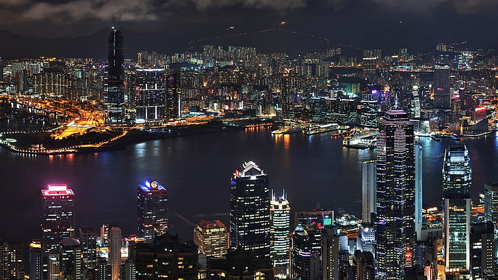 modern buildings, asia, skyscrapers, river, top view, night, lights city