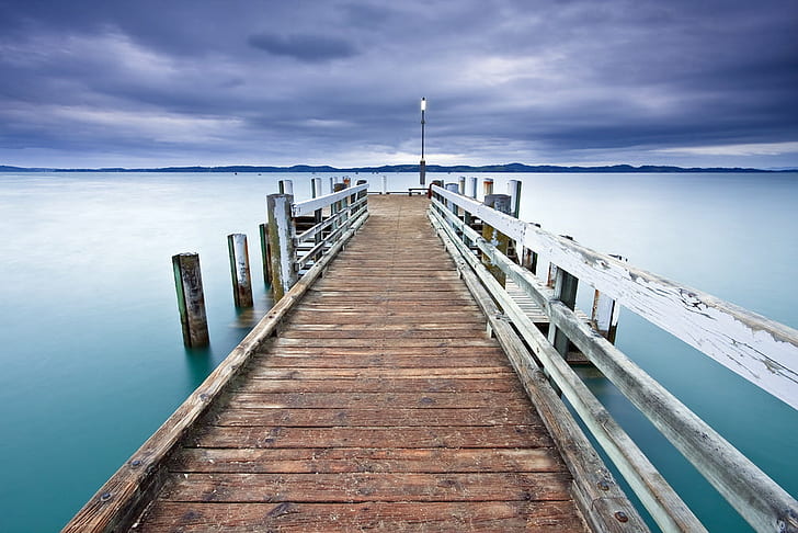 white and brown wooden dock on body or water, Maraetai, Dawn  white