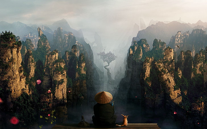 man sitting on cliff wallpaper, fantasy art, mountain, fog, nature