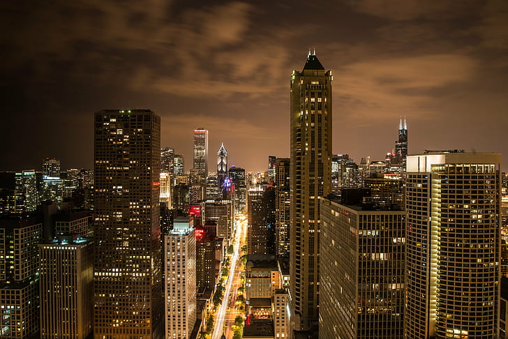 building top view during night time, chicago, chicago, at Night, HD wallpaper