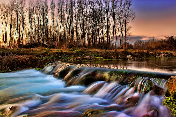 cascade of a waterfall wallpaper, River, trees, sunset, reflections
