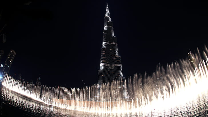Burj Khalifa, Architecture, High Building, Night, Lights, Waterfalls, Dark