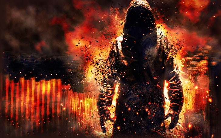 man with hoodie digital wallpaper, fire, flame, smoke, being