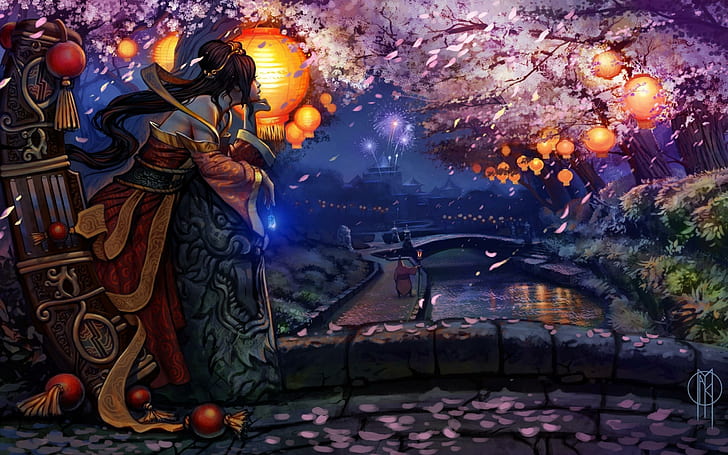 League Legends Girl Kimono Bridge Cherry Blossom Flashlights Fantasy Background Images, HD wallpaper