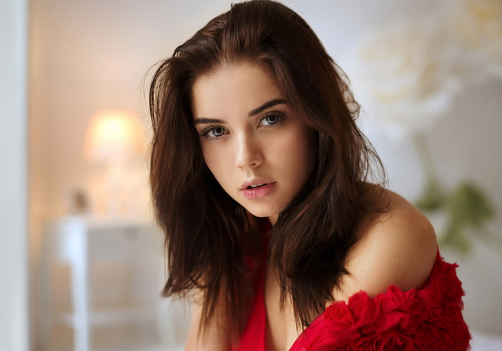 women's red strapless top, Tatyana Kozelkina, portrait, Maxim Maximov