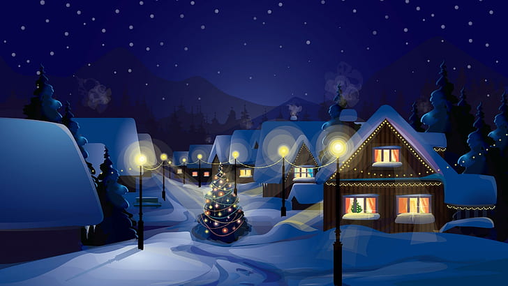 christmas village christmas tree snow, night, illuminated, lighting equipment, HD wallpaper