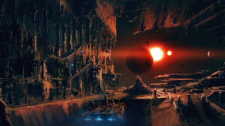 battleship digital wallpaper, space, space station, planet, science fiction