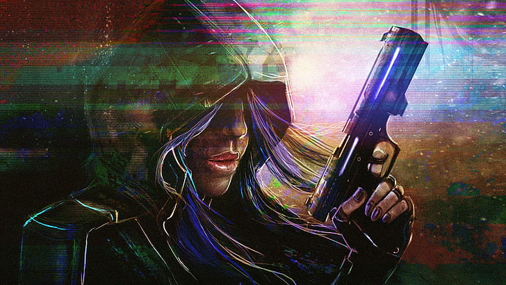 weapon, pistol, hoods, artwork, cyberpunk, girls with guns, HD wallpaper