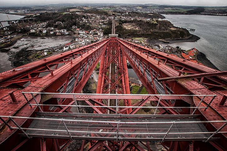 red steel bridge, Forth Bridge, metal, Scotland, architecture, HD wallpaper