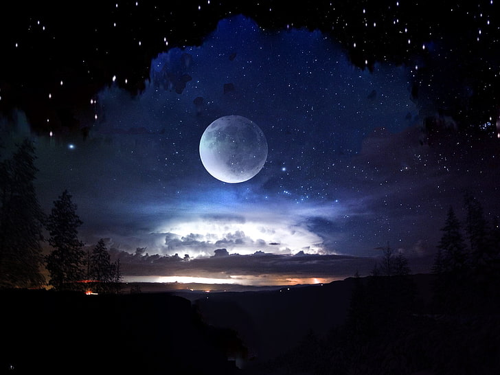 moon and stars wallpaper, Fantasy, Landscape, Night, Sky, space