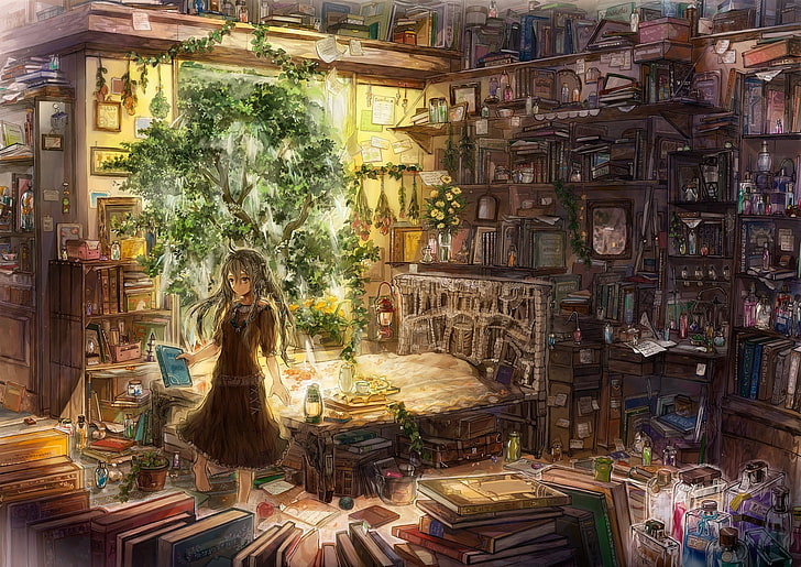 woman standing beside bed inside room illustration, lamp, books, HD wallpaper