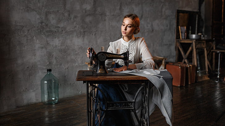 girl, retro, sewing machine, Alex Kashechkin, Olga Ovcharova, HD wallpaper