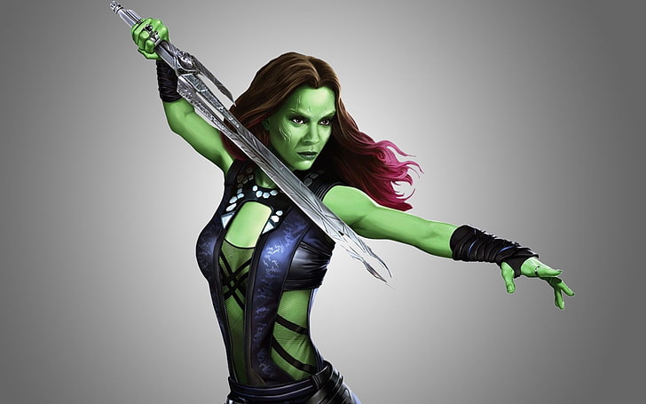 Gamora, Guardians of the Galaxy, Zoe Saldana, sword, artwork, HD wallpaper