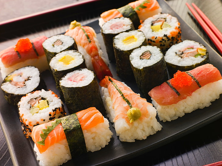 Sushi dish, sticks, Japan, figure, slices, cutting, rolls, shrimp, HD wallpaper