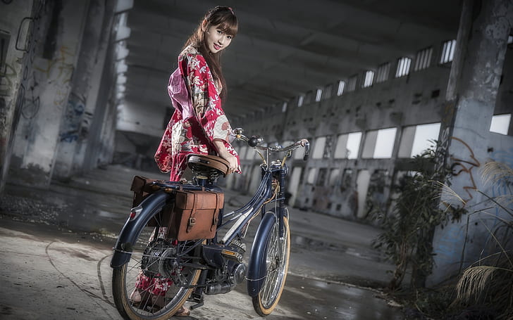 Japanese girl, bike, kimono, night, HD wallpaper