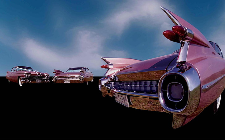 three red cars, old car, vehicle, digital art, artwork, mode of transportation, HD wallpaper