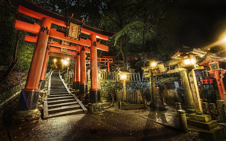 orange concrete arch, cemetery, gate, japan, kyoto, night, shrine