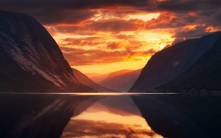 mountains, clouds, sunset, sun rays, nature, calm, fjord, Norway, HD wallpaper
