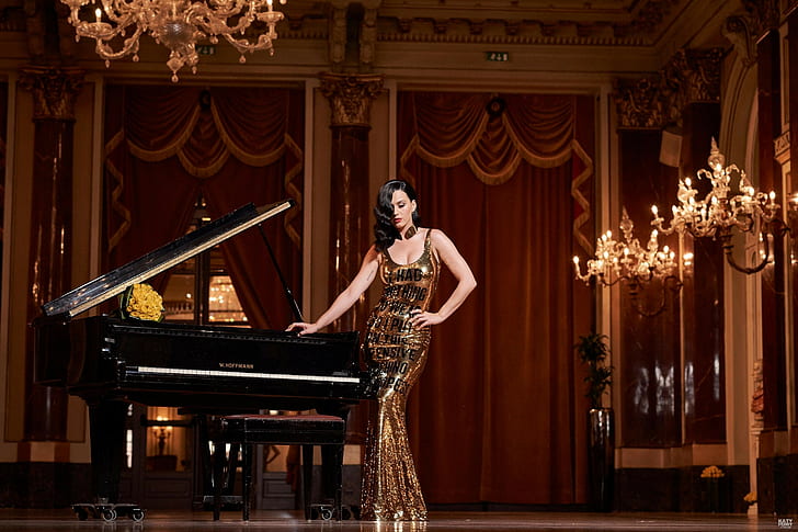 Katy Perry, girl, dress, singer, celebrity, posture, piano