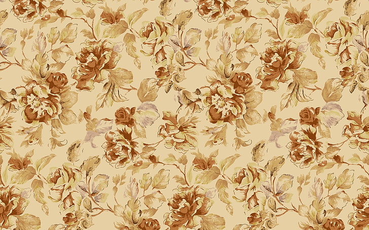 beige and brown floral wallpaper, patterns, flowers, petals, shape
