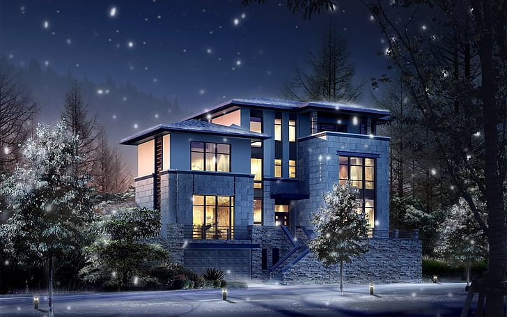 Superb House, pics, night, lights, snow
