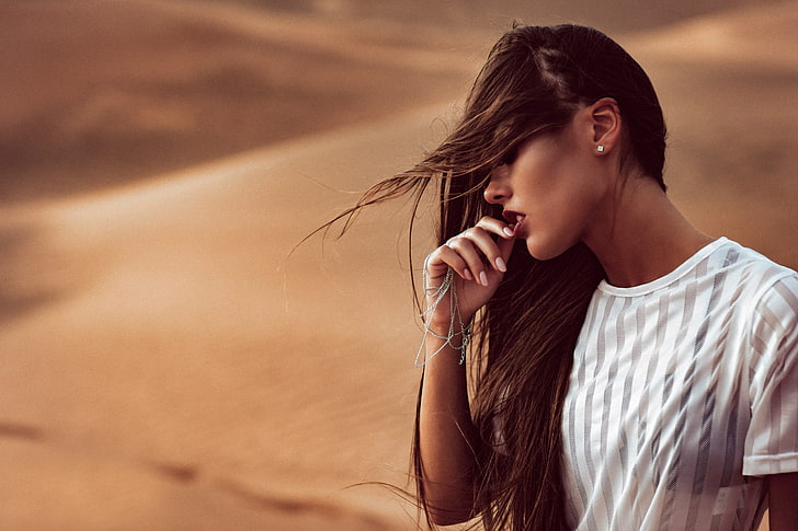women, desert, sand, see-through clothing, white clothing, one person