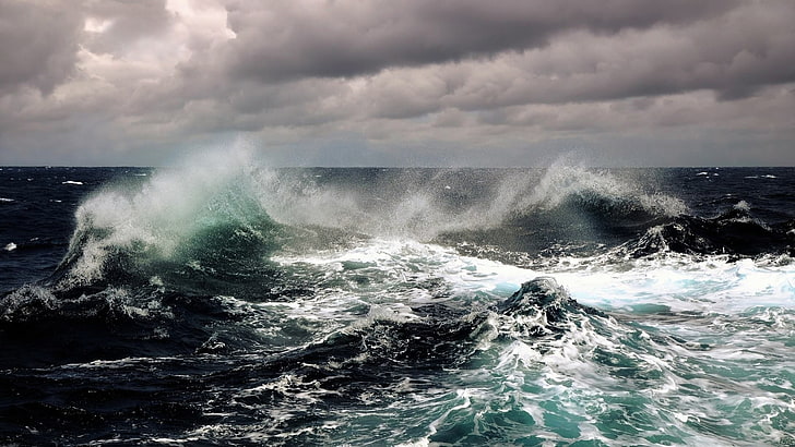 ocean waves, sea, water, horizon, sky, clouds, motion, power in nature