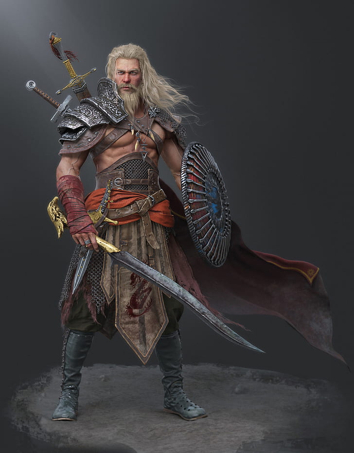 men, CGI, blonde, long hair, wind, beard, warrior, Barbarian