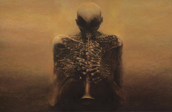 Zdzisław Beksiński, Dark, Painting, Detailed, Brown, Skeleton