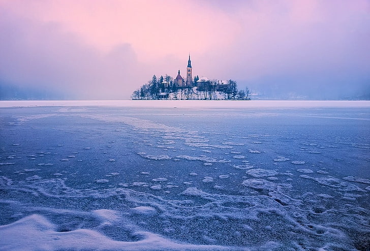 gray island, lake, winter, Lake Bled, Slovenia, church, frost